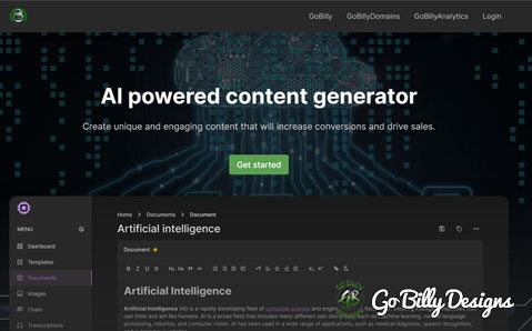 GoBillyAI Writer website screenshot
